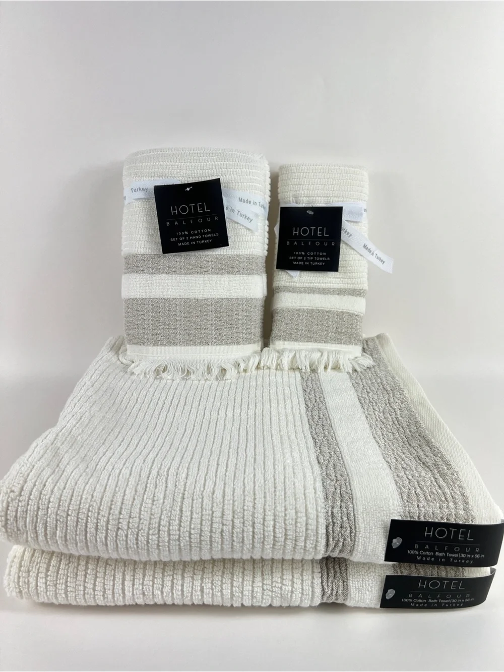 Hotel Balfour BathTowel Set White Tan Stripe Fringe Soft Turkish Cotton 6 Pc NEW